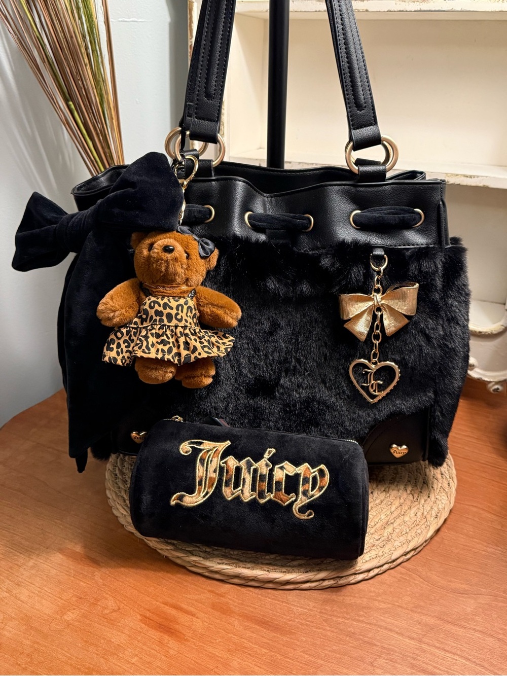 Juicy Couture Black Faux Fur Shoulder Bag w/ Gold Accents, Teddy Charm, JC Case